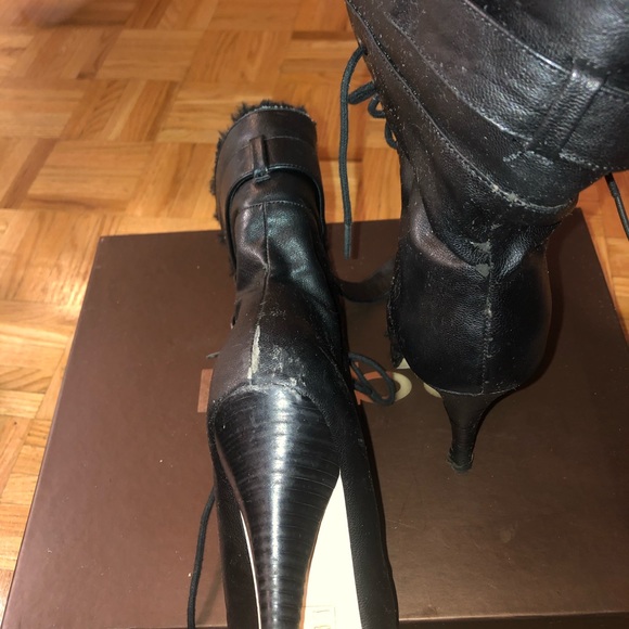 Leather black faux fur platform heel boots - Picture 5 of 5